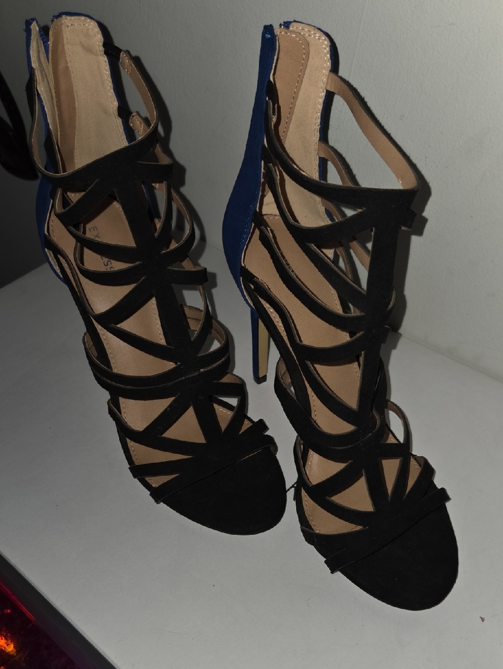 Black Strappy High Heel Sandals with Blue Back - Women